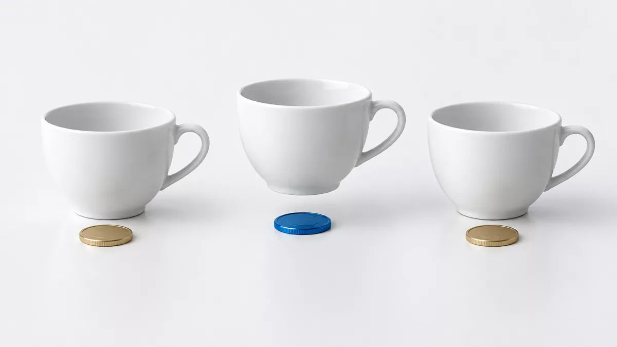 Три белые чашки, под приподнятой средней лежит синяя монета