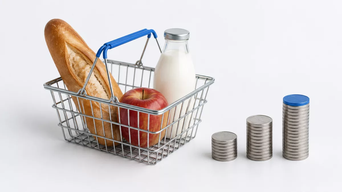 Продуктовая корзинка и растущие столбики монет